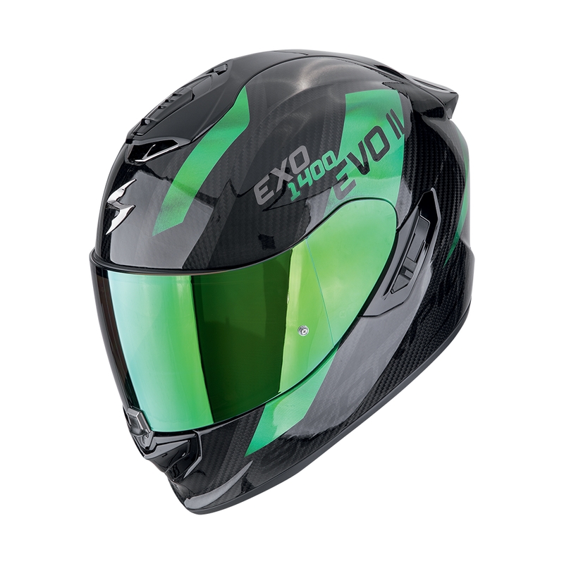 Интегрална мотоциклетна каска Scorpion EXO-1400 EVO II CARBON AIR PLATTED черно-зелена разпродажба