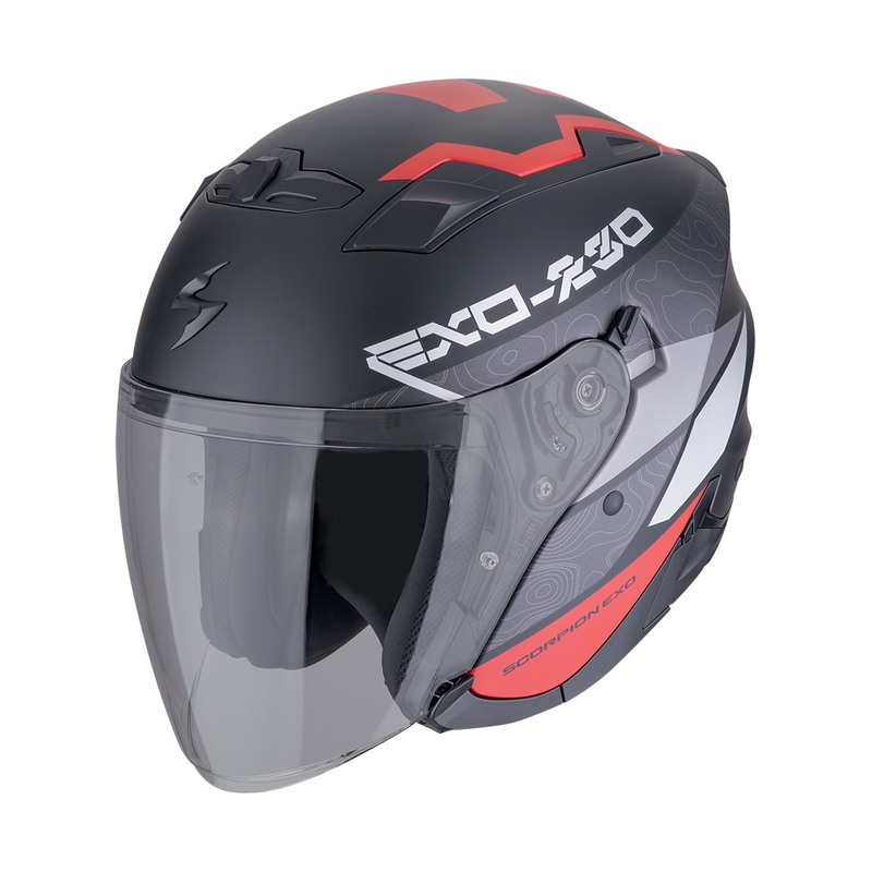 Отворена мотоциклетна каска SCORPION EXO-230 BAND матова черно-червено-сребърна разпродажба