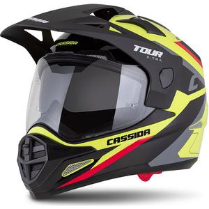 Ендуро каска Cassida Tour 2.0 X-tra флуорово жълто-черно-червено-сиво с черен матов визьор