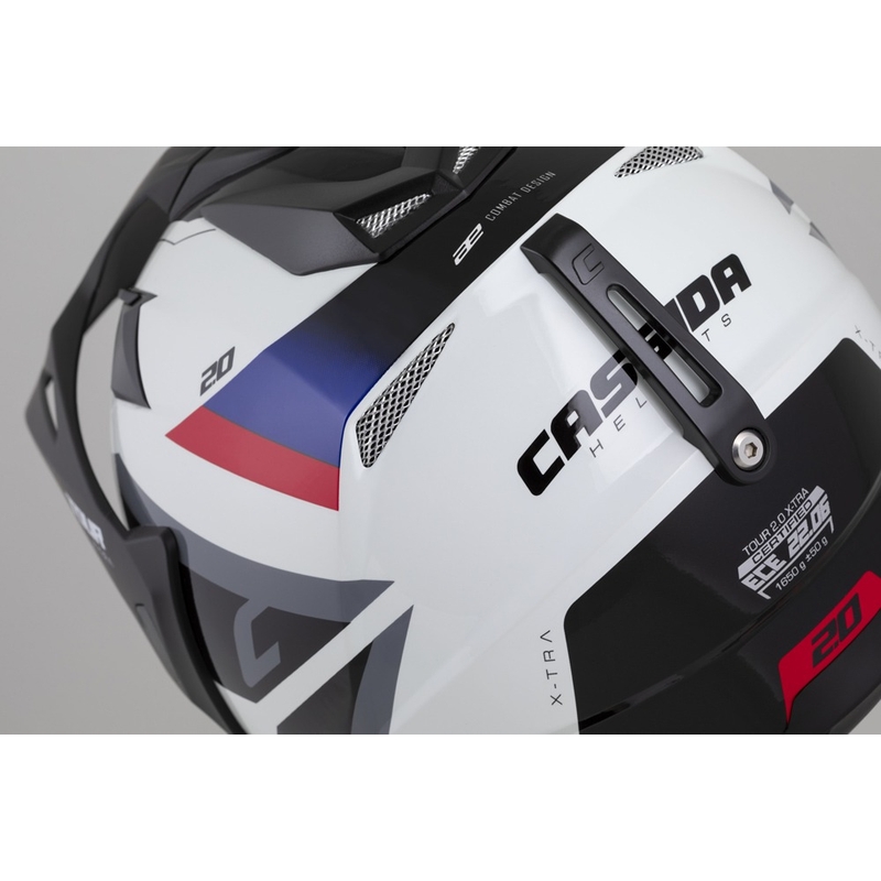 Каска за ендуро Cassida Tour 2.0 X-tra бяло-синьо-червено-черна с черен матов визьор