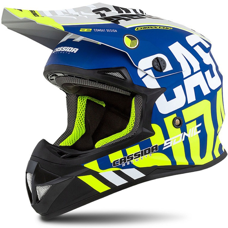 Каска за мотокрос Cassida Cross Cup Sonic fluo жълто-синьо матова