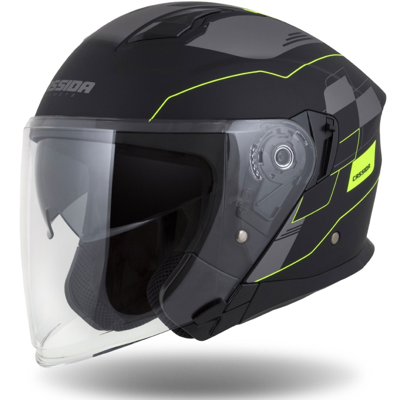 Cassida Jet Tech Roxor отворена мотоциклетна каска черно-сиво-флуо-жълт мат разпродажба