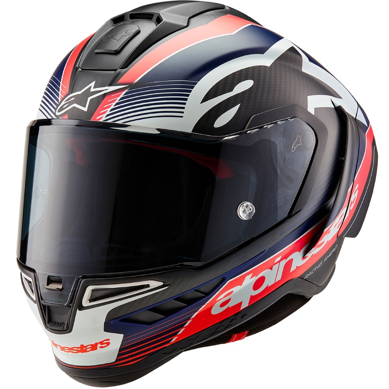 Мото каска за цял нос Alpinestars Supertech R-10 Team carbon fluo червено-синьо-бяло матово