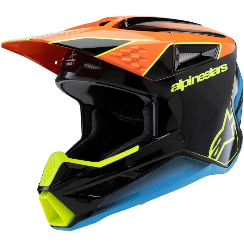 Детска мотокрос каска Alpinestars S-M3 FRAY черно-флуоресцентно оранжево-флуоресцентно жълто-тюркоазено