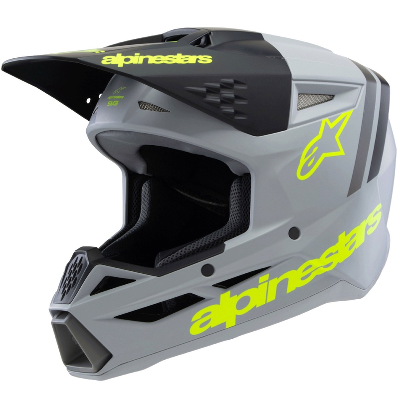 Детска мотокрос каска Alpinestars S-M3 RADIUM, матово сиво-флуоресцентно жълто-черно