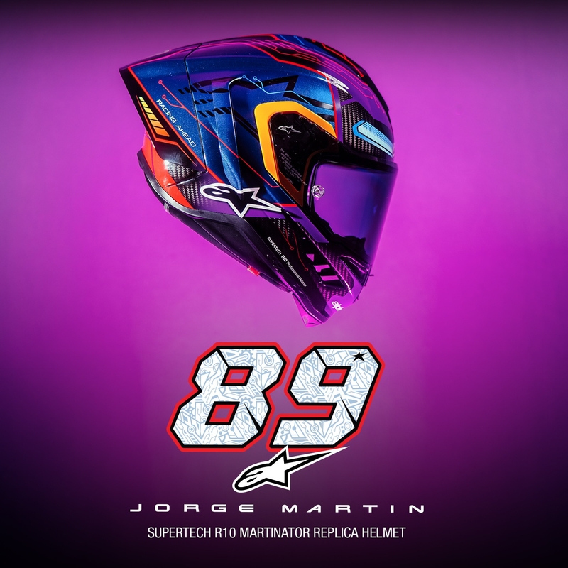 Alpinestars Supertech R-10 лимитирана серия Martinator Jorge Martin синьо-лилаво-червено-жълта интегрална мотоциклетна каска