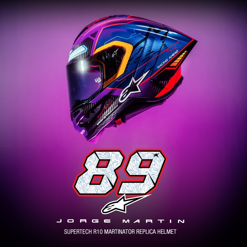 Alpinestars Supertech R-10 лимитирана серия Martinator Jorge Martin синьо-лилаво-червено-жълта интегрална мотоциклетна каска