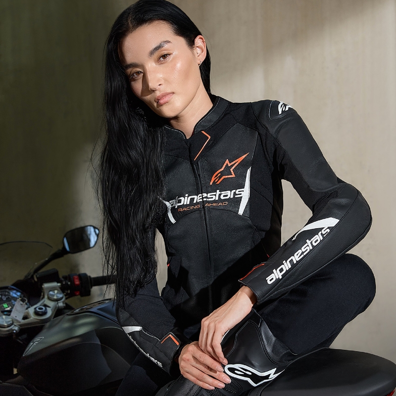 Alpinestars Stella Faster 3 дамско кожено яке за мотоциклет Черно-бяло-флуо червено