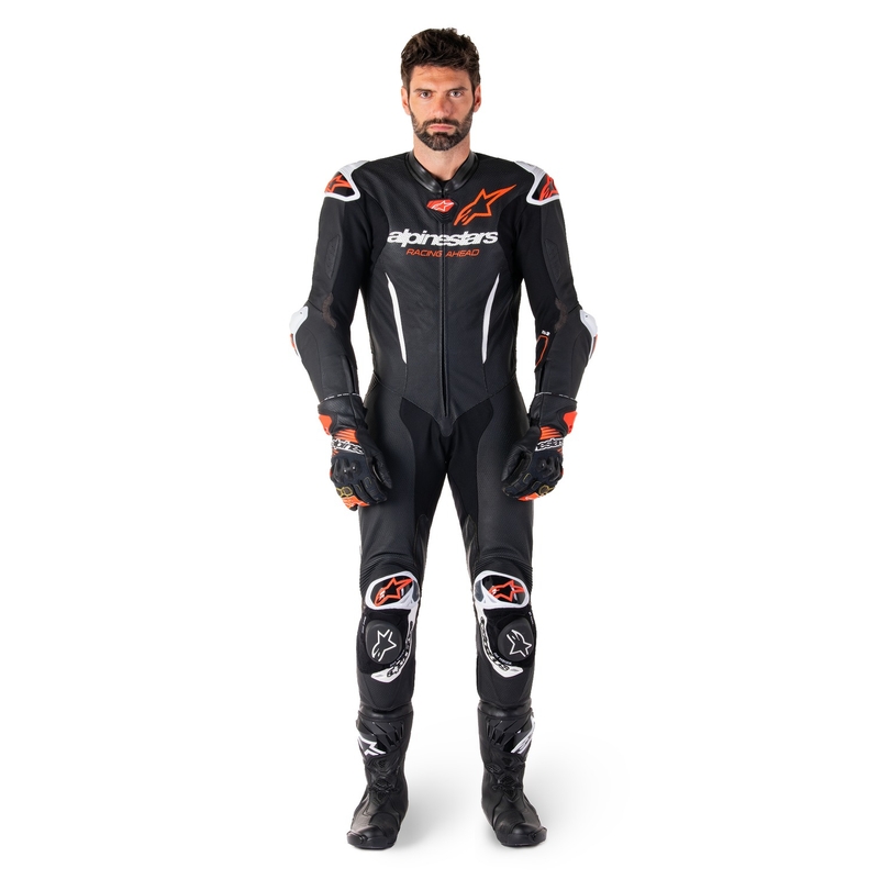 Alpinestars GP-R7 Tech-Air ready/compatible черен-бял-флуо червен кожен костюм от една част за мотоциклет