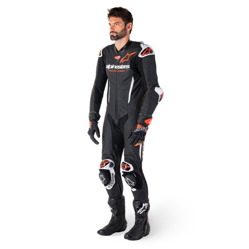 Alpinestars GP-R7 Tech-Air ready/compatible черен-бял-флуо червен кожен костюм от една част за мотоциклет