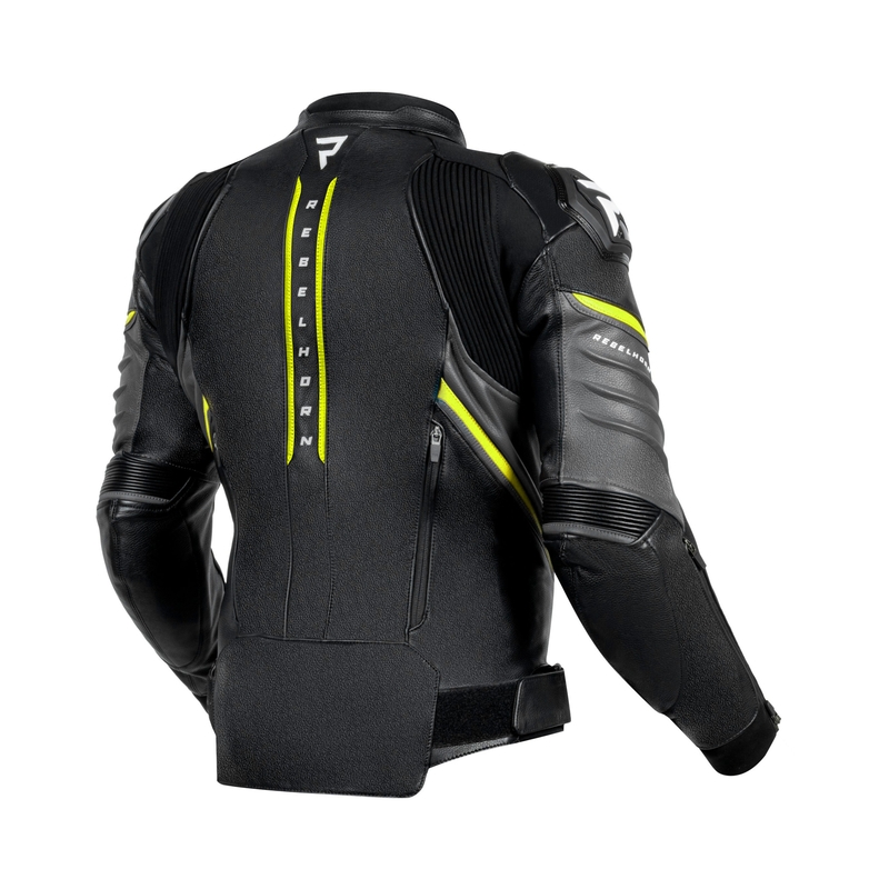 Кожено мотоциклетно яке Rebelhorn Veloce черно-сиво-флуо-жълто