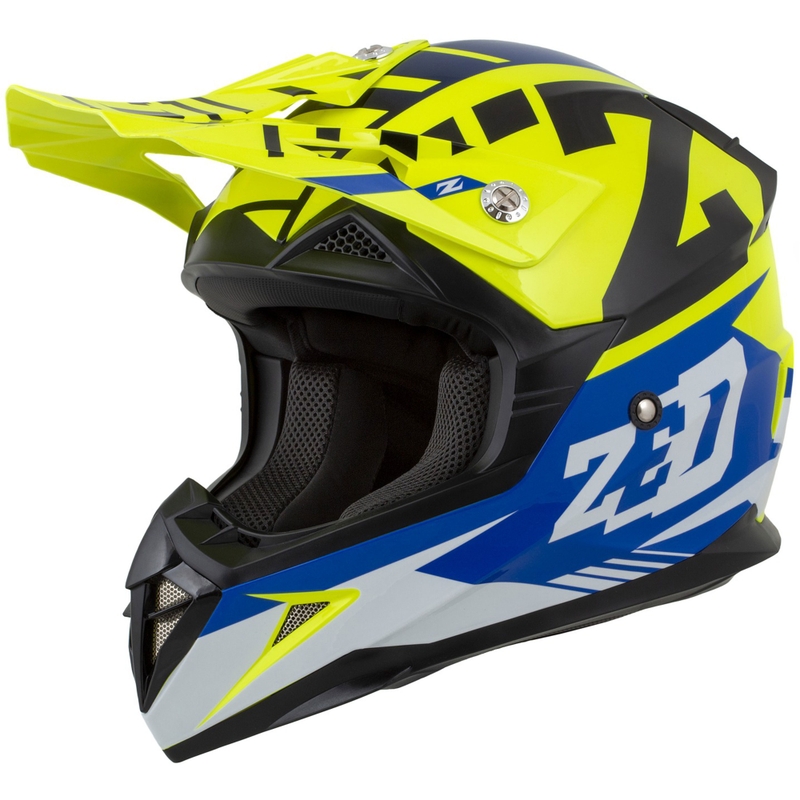 Детска мотоциклетна мотокрос каска ZED X1.9D Targa fluo жълто-синьо-черно-бяло