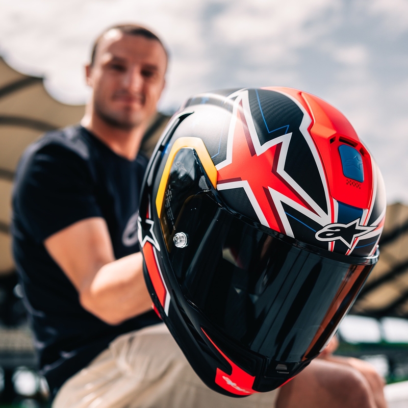 Alpinestars Supertech R10 лимитирана серия Jack Miller матов карбон червено-синьо-жълто-бяла интегрална мотоциклетна каска