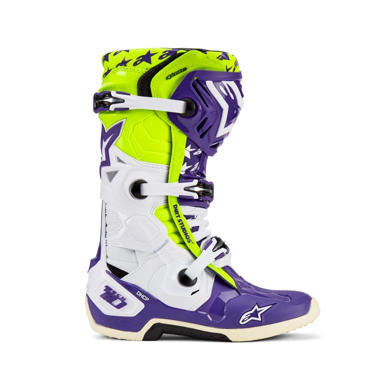 Alpinestars TECH 10 лимитирана серия Dirt Studios лилаво-бяло-жълти мотоциклетни ботуши
