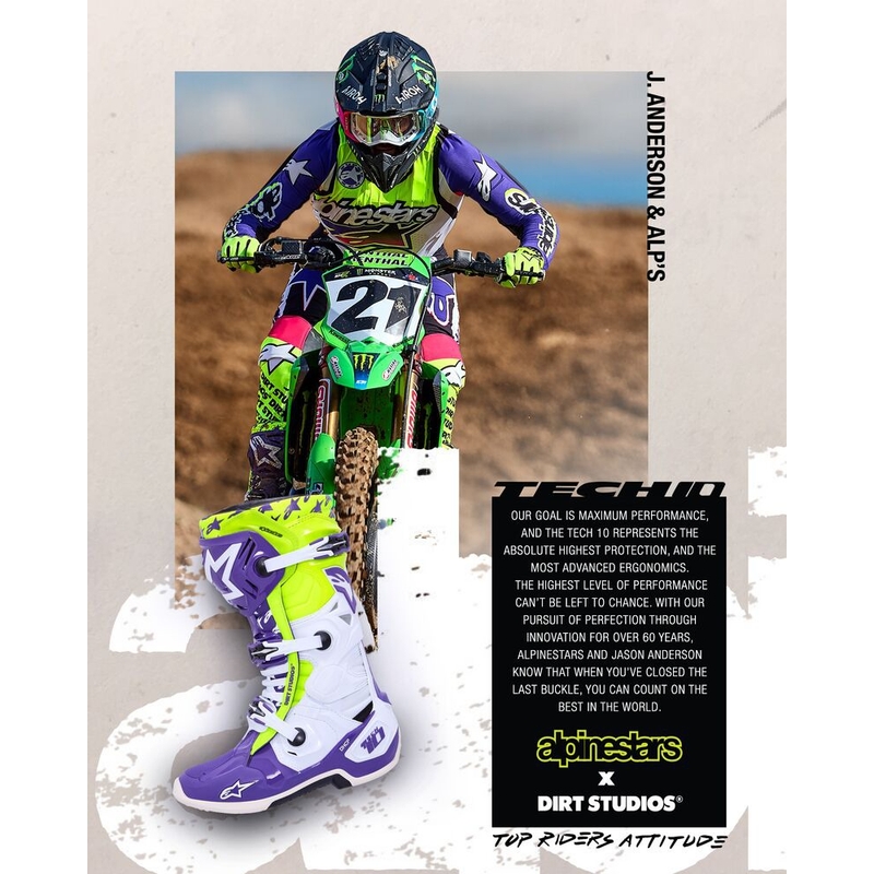 Alpinestars TECH 10 лимитирана серия Dirt Studios лилаво-бяло-жълти мотоциклетни ботуши