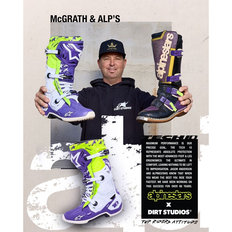 Alpinestars TECH 10 лимитирана серия Dirt Studios лилаво-бяло-жълти мотоциклетни ботуши