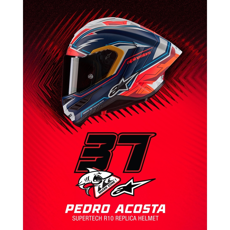 Alpinestars Supertech R-10 лимитирана серия Pedro Acosta матово синьо-червено-бяла интегрална мотоциклетна каска