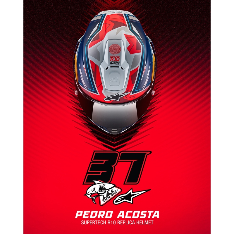 Alpinestars Supertech R-10 лимитирана серия Pedro Acosta матово синьо-червено-бяла интегрална мотоциклетна каска