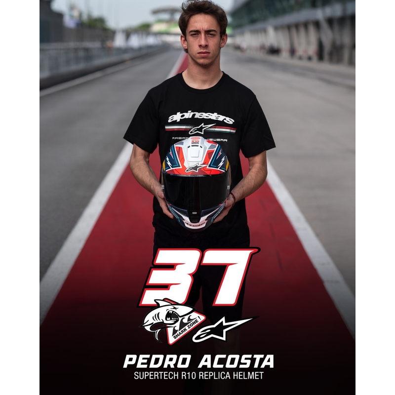 Alpinestars Supertech R-10 лимитирана серия Pedro Acosta матово синьо-червено-бяла интегрална мотоциклетна каска