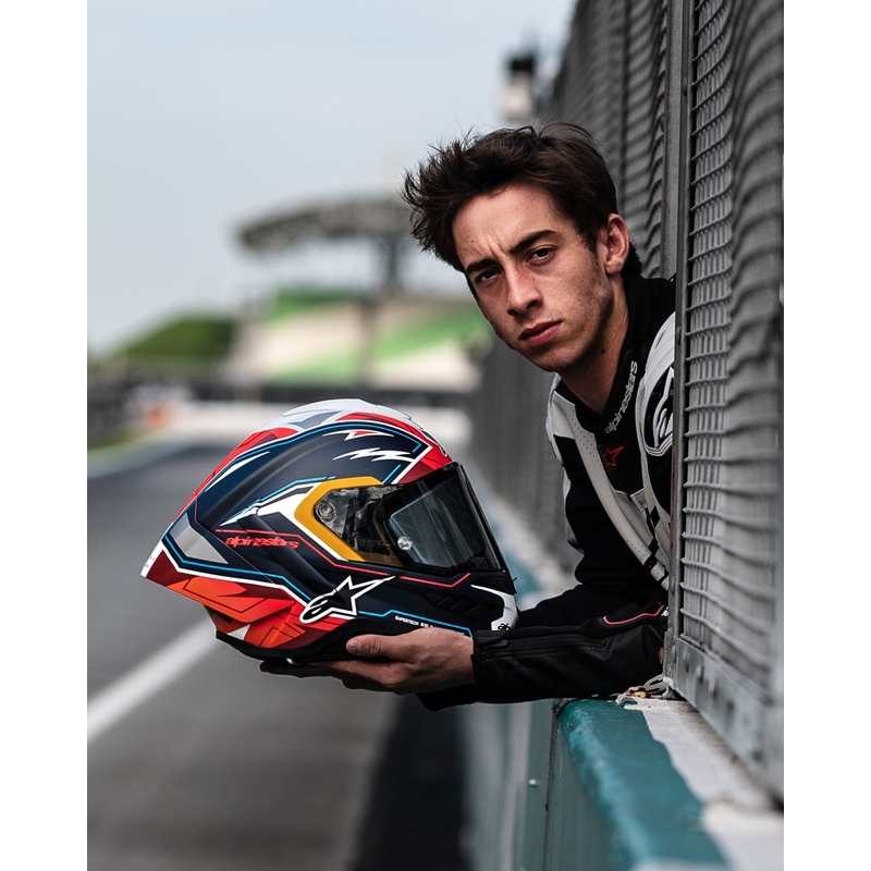 Alpinestars Supertech R-10 лимитирана серия Pedro Acosta матово синьо-червено-бяла интегрална мотоциклетна каска