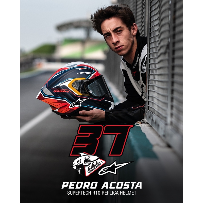Alpinestars Supertech R-10 лимитирана серия Pedro Acosta матово синьо-червено-бяла интегрална мотоциклетна каска