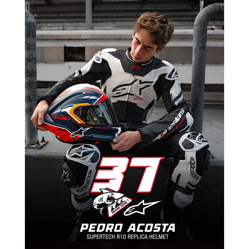 Alpinestars Supertech R-10 лимитирана серия Pedro Acosta матово синьо-червено-бяла интегрална мотоциклетна каска