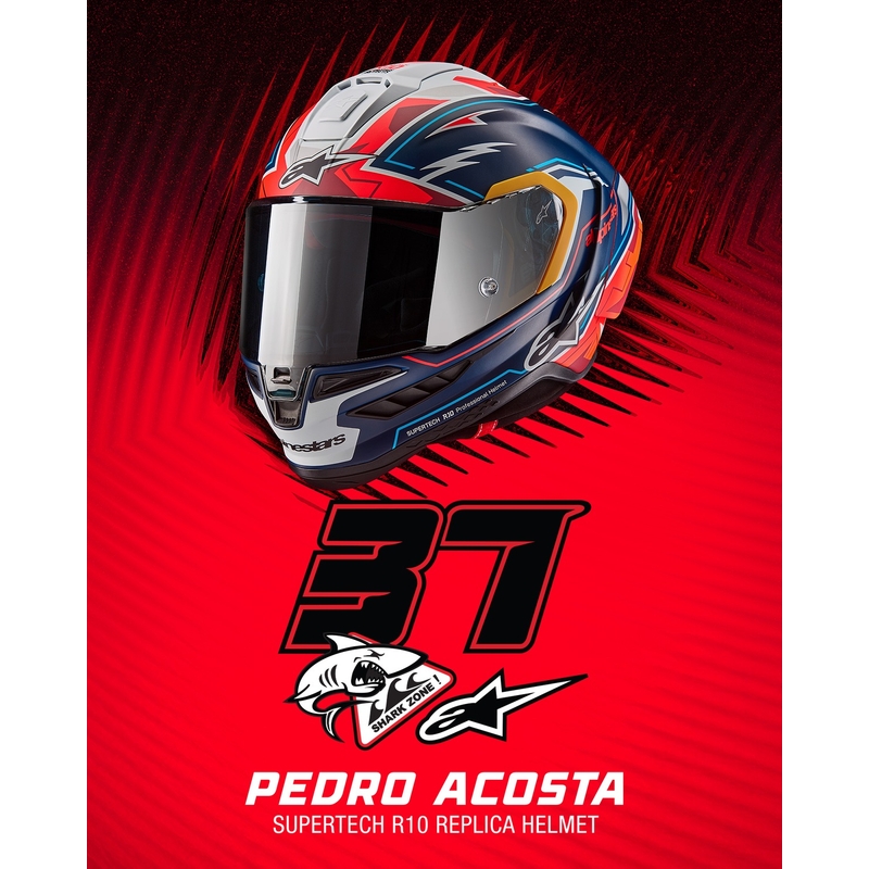 Alpinestars Supertech R-10 лимитирана серия Pedro Acosta матово синьо-червено-бяла интегрална мотоциклетна каска