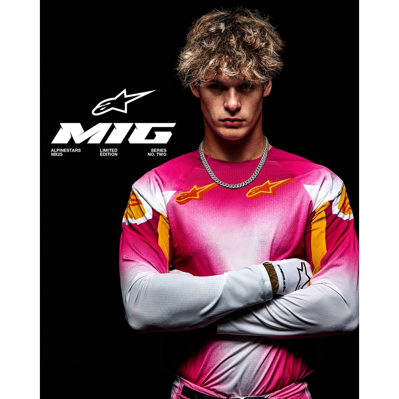 Alpinestars Supertech SX AFD лимитирана серия MIG флуорово розово-бяло-оранжево мотокрос трико