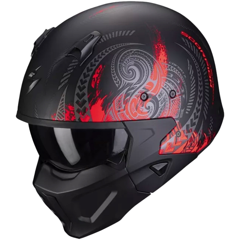 Отворена каска с маска SCORPION COVERT-X TATTOO матово черно-червена