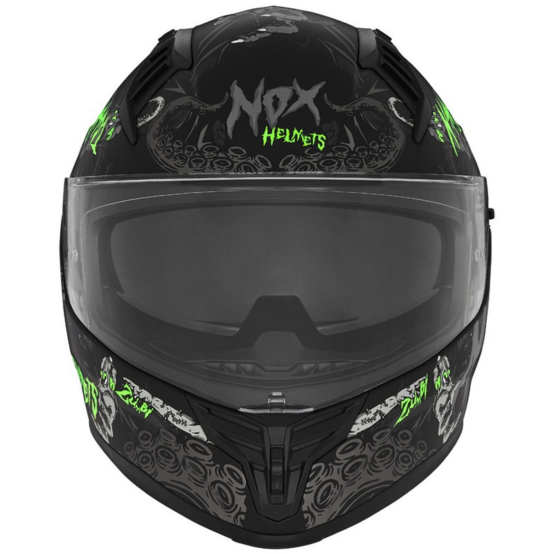 Цяла мото каска NOX N401 ZUMBI матово черно-флуо зелено