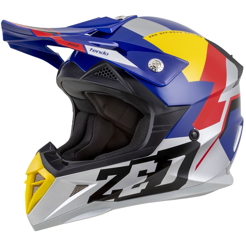 Детска каска за мотокрос ZED X1.9D TENDO перла синьо-червено-жълто-сребристо