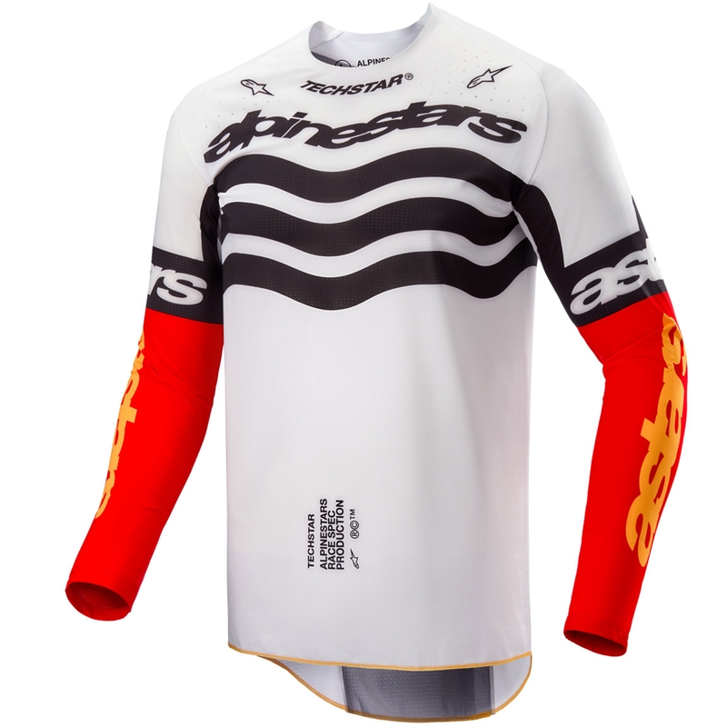 Мотокрос фланелка Alpinestars Techstar, лимитирана серия, тъмно черно-бяло-флуоресцентно червено-оранжево