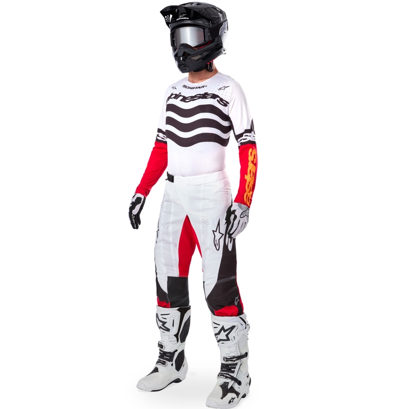 Мотокрос фланелка Alpinestars Techstar, лимитирана серия, тъмно черно-бяло-флуоресцентно червено-оранжево