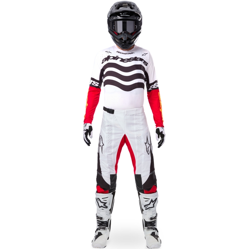 Мотокрос фланелка Alpinestars Techstar, лимитирана серия, тъмно черно-бяло-флуоресцентно червено-оранжево