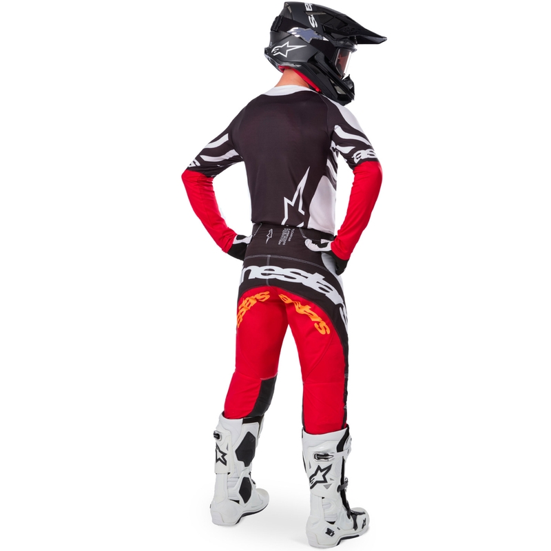 Мотокрос фланелка Alpinestars Techstar, лимитирана серия, тъмно черно-бяло-флуоресцентно червено-оранжево
