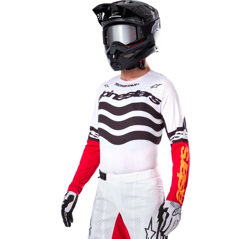 Мотокрос фланелка Alpinestars Techstar, лимитирана серия, тъмно черно-бяло-флуоресцентно червено-оранжево