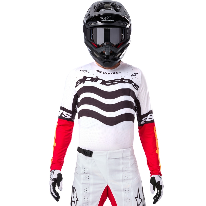 Мотокрос фланелка Alpinestars Techstar, лимитирана серия, тъмно черно-бяло-флуоресцентно червено-оранжево