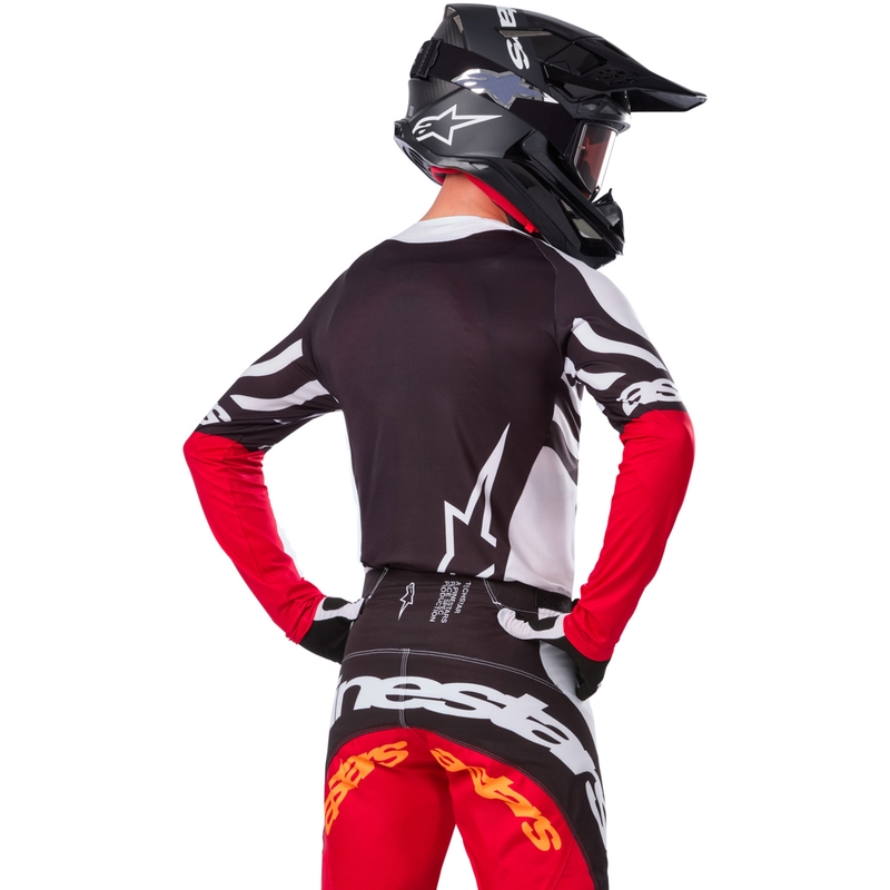 Мотокрос фланелка Alpinestars Techstar, лимитирана серия, тъмно черно-бяло-флуоресцентно червено-оранжево