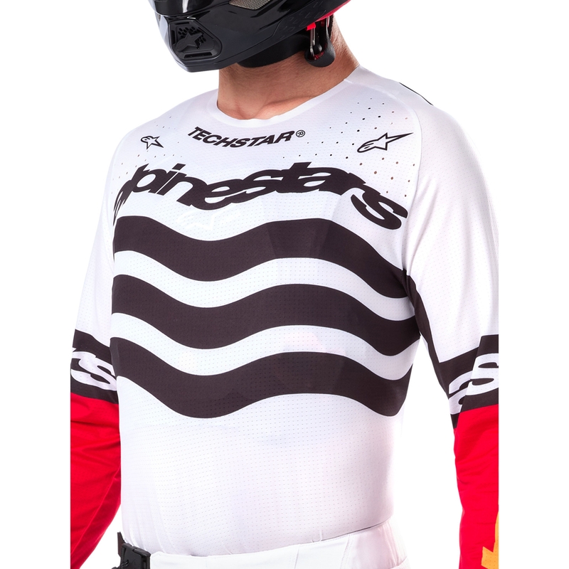 Мотокрос фланелка Alpinestars Techstar, лимитирана серия, тъмно черно-бяло-флуоресцентно червено-оранжево