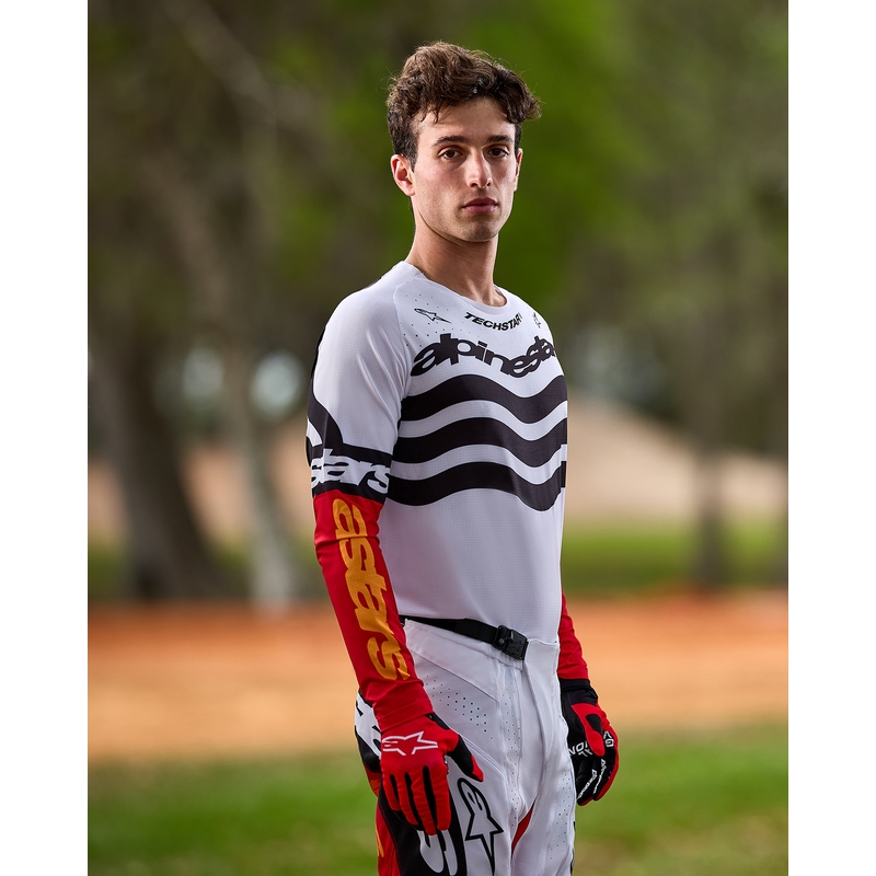 Мотокрос фланелка Alpinestars Techstar, лимитирана серия, тъмно черно-бяло-флуоресцентно червено-оранжево