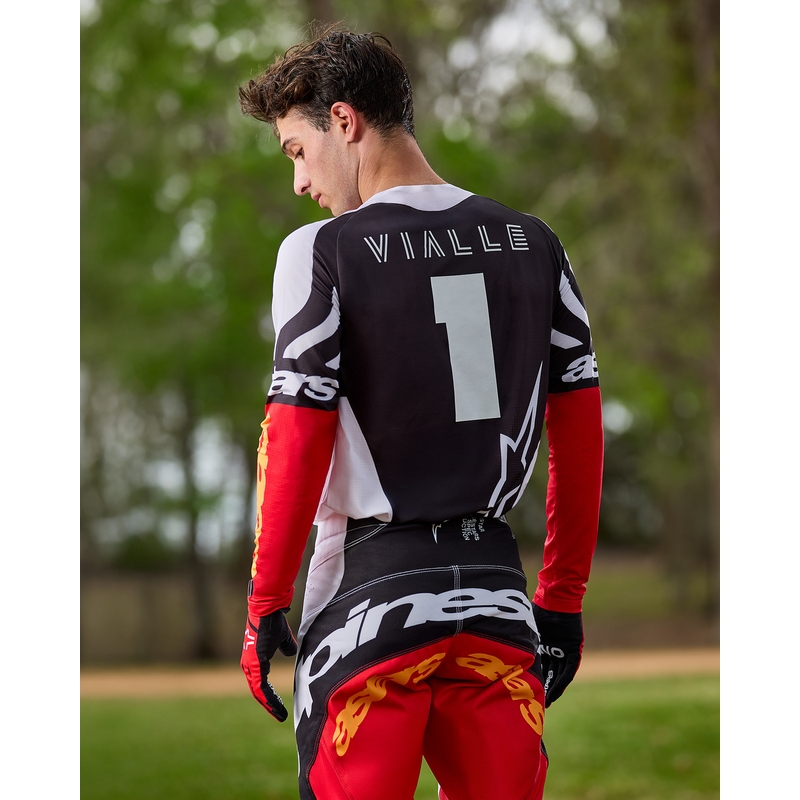 Мотокрос фланелка Alpinestars Techstar, лимитирана серия, тъмно черно-бяло-флуоресцентно червено-оранжево