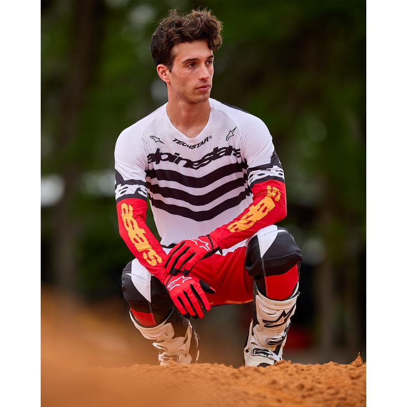 Мотокрос фланелка Alpinestars Techstar, лимитирана серия, тъмно черно-бяло-флуоресцентно червено-оранжево