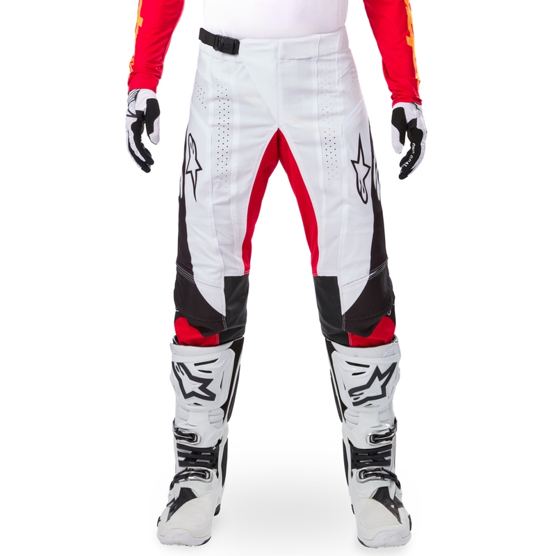Мотокрос панталони Alpinestars Techstar, лимитирана серия, тъмно черно-бяло-флуоресцентно червено-оранжево