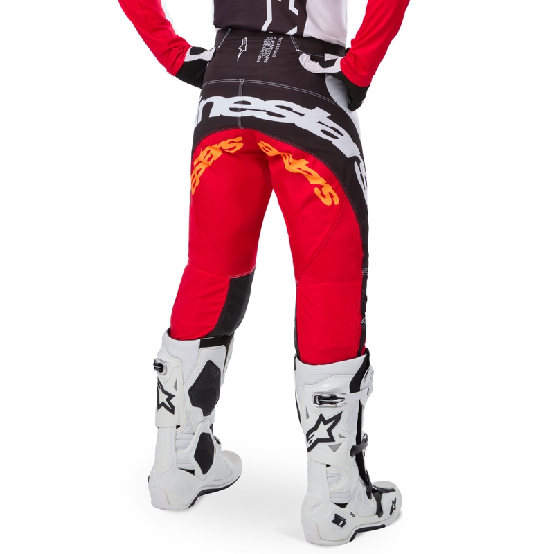 Мотокрос панталони Alpinestars Techstar, лимитирана серия, тъмно черно-бяло-флуоресцентно червено-оранжево