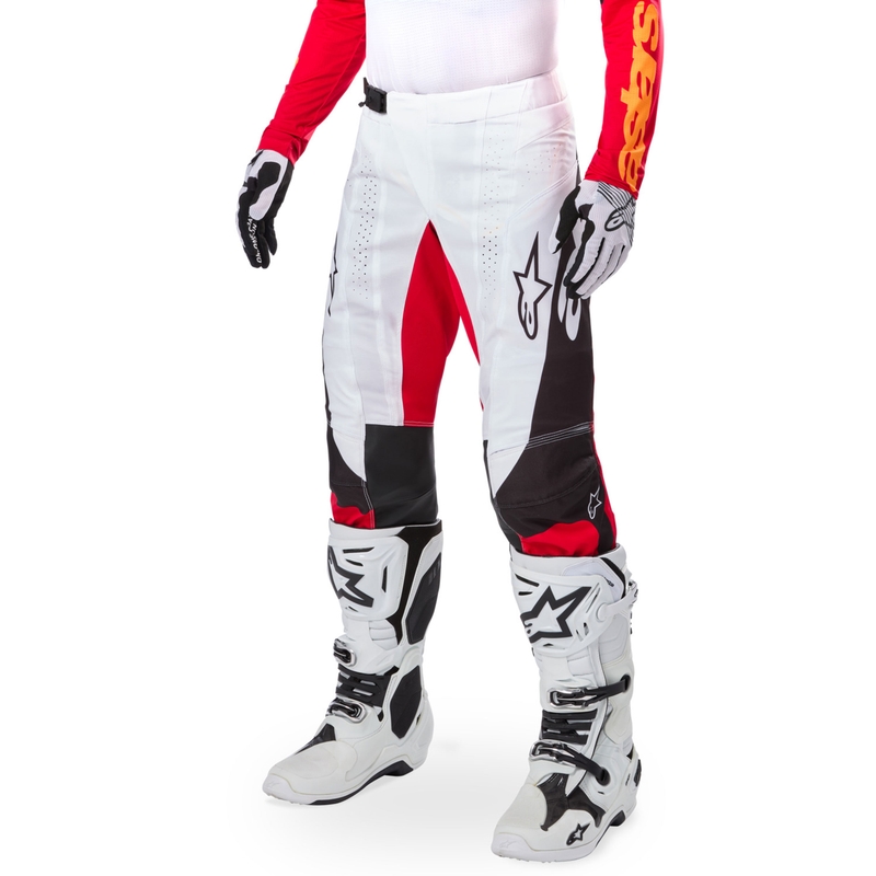 Мотокрос панталони Alpinestars Techstar, лимитирана серия, тъмно черно-бяло-флуоресцентно червено-оранжево