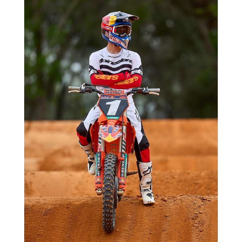 Мотокрос панталони Alpinestars Techstar, лимитирана серия, тъмно черно-бяло-флуоресцентно червено-оранжево