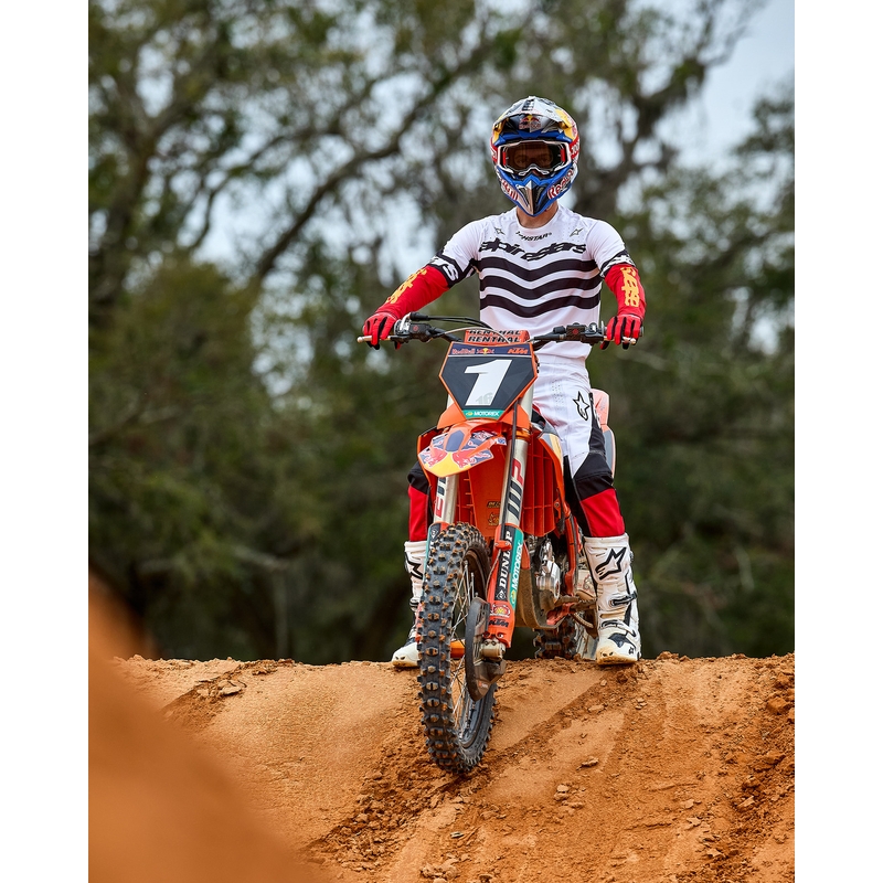 Мотокрос панталони Alpinestars Techstar, лимитирана серия, тъмно черно-бяло-флуоресцентно червено-оранжево