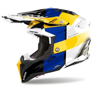 Каска за мотокрос Airoh Aviator 3 Monarch, синьо-жълта, гланцирана