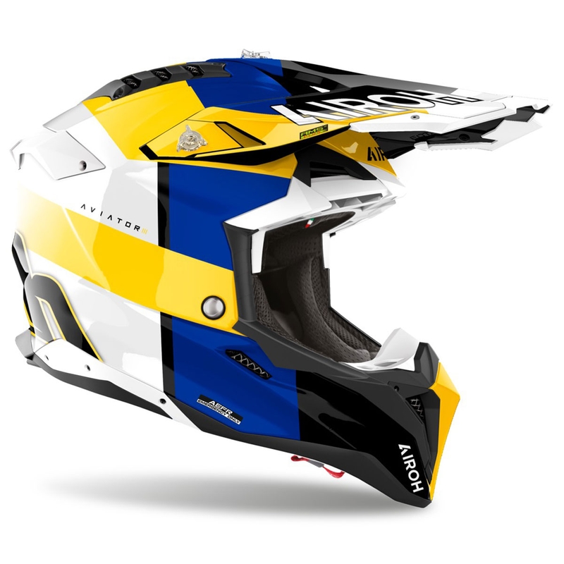 Каска за мотокрос Airoh Aviator 3 Monarch, синьо-жълта, гланцирана