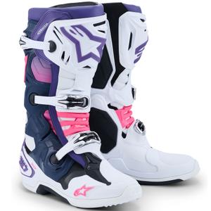 Мотоциклетни ботуши Alpinestars Tech 10 бяло-лилаво-синьо-флуоресцентно розово